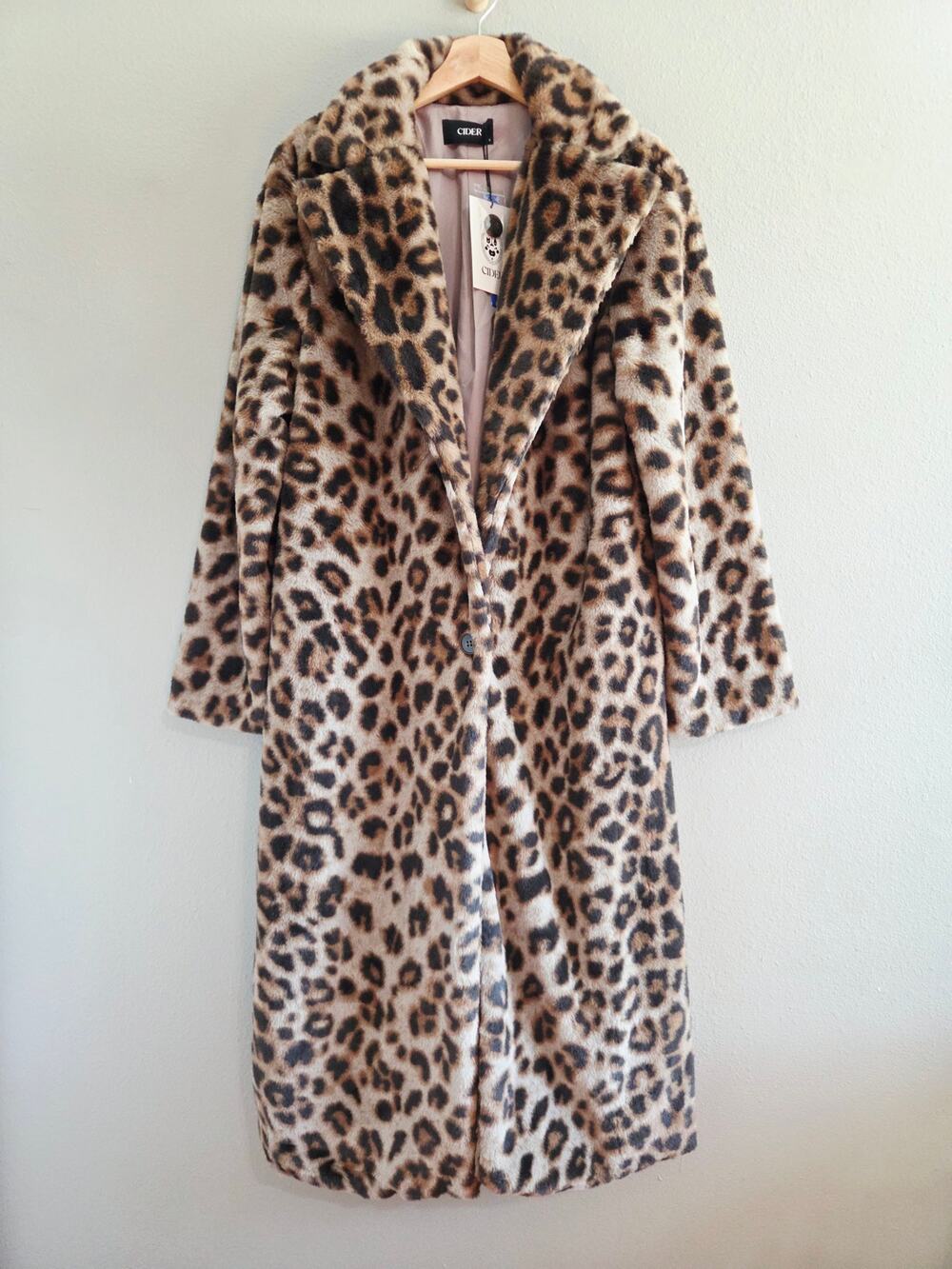 Cider Leopard Faux Fur Long Coat Size S Brown Black Fluffy Winter Jacket